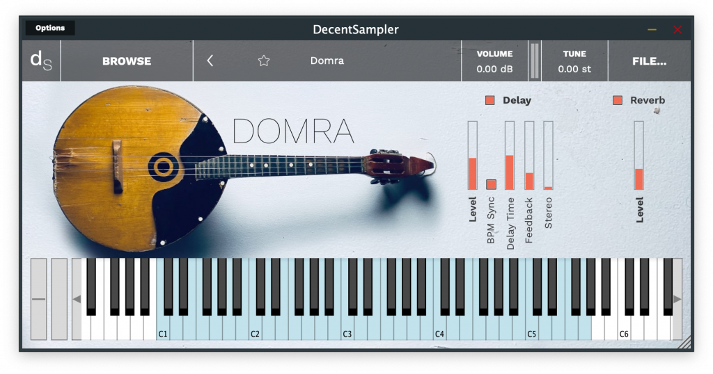 The user interface of the Domra sample library.